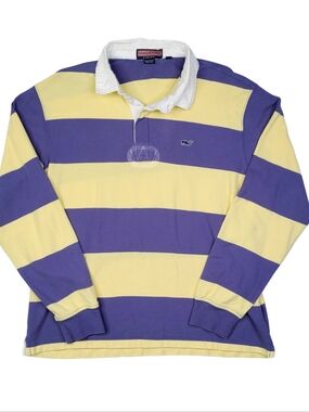 Vineyard Vines Polo Shirt Sz Large Blue Yellow Rugby Preppy Striped Long Sleeve
